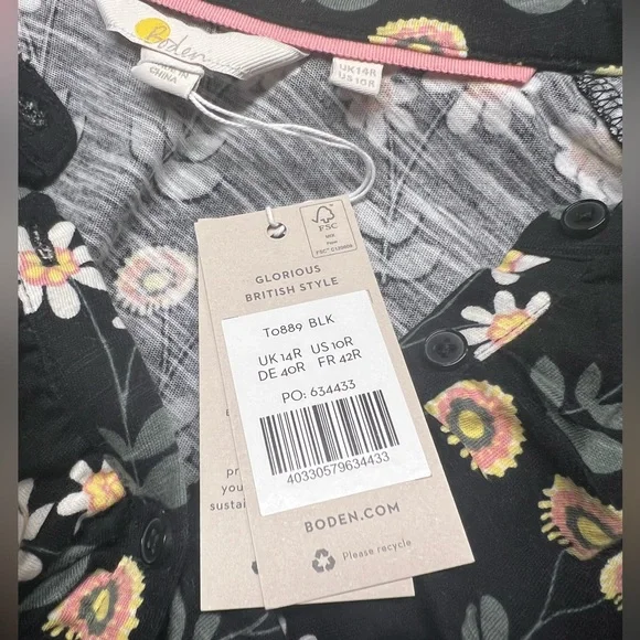 BODEN, Ruffle Front Jersey Shirt Black, US 10 R UK 14 floral new with tags - Picture 11 of 14